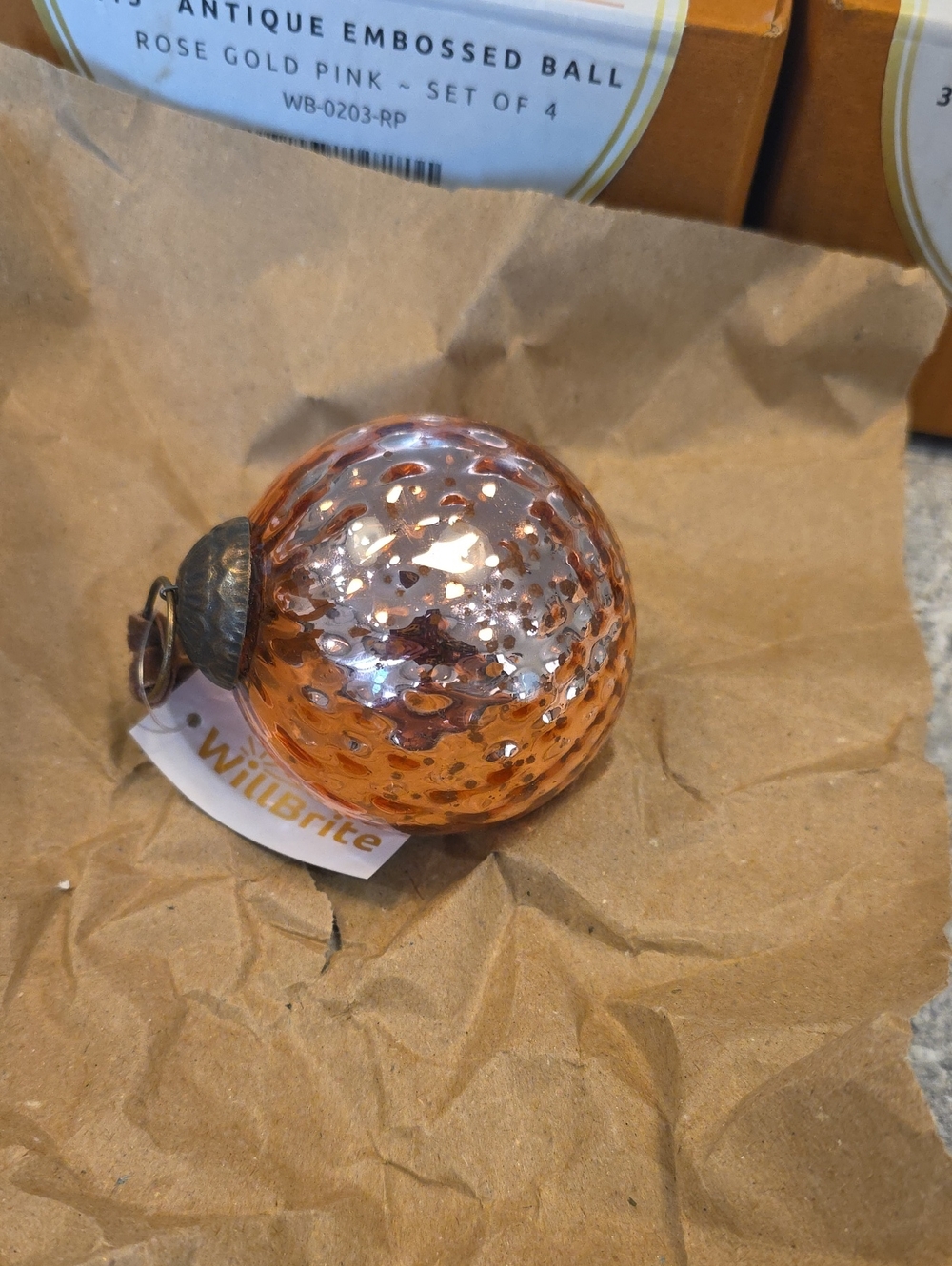 Set Of 12 Rose Gold Pink Antique Embossed Glass Holiday Ornament